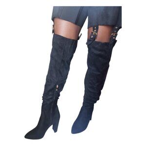 Sh154 Detogni Black Faux Suede Thigh High Boots Size 8